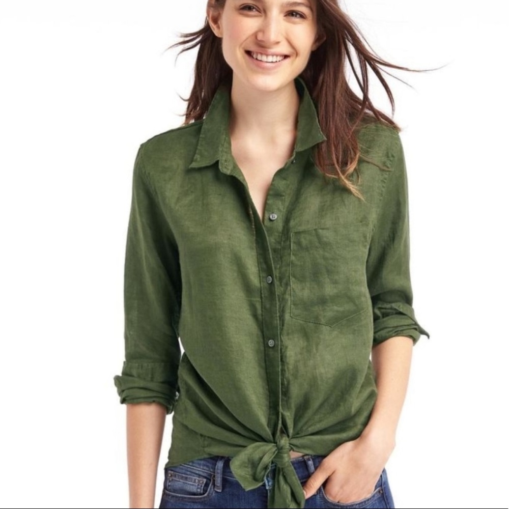 100% Linen Olive  Boyfriend shirt Sz M -GAP